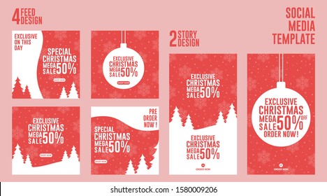 banner de medios sociales venta y plantilla de descuento especial para Navidad con fondo rojo, copo de nieve y Navidad de árboles