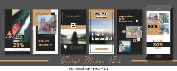 social media banner. Set of instagram stories and post frame templates. Vector cover. Endless puzzle layout for promotion. Design backgrounds web pack. Mockup for personal gold blog or luxury shop. 
