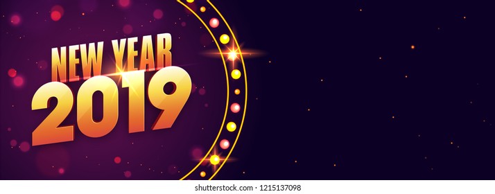 Social media banner with shiny golden text 2019 on purple background for New Year celebration.