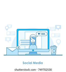 Social media banner strategy. A computer with an open network. Friends send messages, put the likes, notifications. Vector flat line illustration