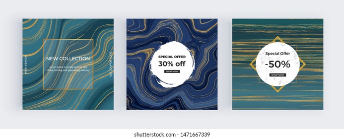 Social Media Banner With Teal And Blue Color Liquid Marble Texture And Golden Glitter Ink Painting Abstract Background. Trendy Templates For Flyer, Poster, Card, Invitations.