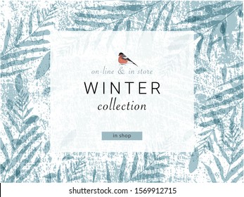 social media banner template for advertising winter arrivals collection or seasonal sales promotion. trendy hand drawn background textures and floral elements imitating watercolor paintings