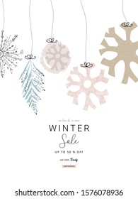 Social media banner template for advertising winter arrivals collection or seasonal sales promotion. Cute hand drawn background with Christmas tree decoration elements imitating watercolor paintings
