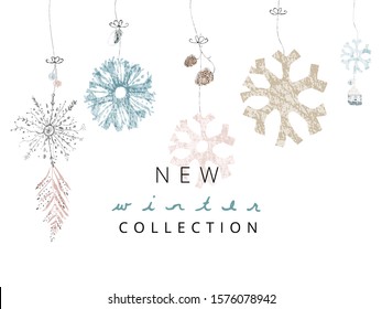 Social media banner template for advertising winter arrivals collection or seasonal sales promotion. Cute hand drawn background with Christmas tree decoration elements imitating watercolor paintings