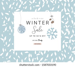 Social media banner template for advertising winter arrivals collection or seasonal sales promotion. Cute hand drawn background with Christmas tree decoration elements 