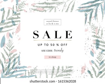 social media banner template for advertising spring arrivals collection or seasonal sales promotion. trendy hand drawn background textures and floral elements imitating watercolor paintings