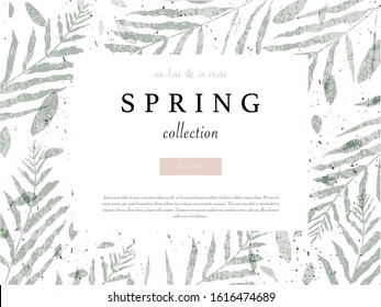 social media banner template for advertising spring arrivals collection or seasonal sales promotion. trendy hand drawn background textures and floral elements imitating watercolor paintings