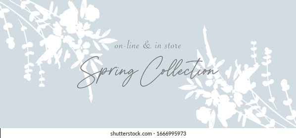 Social media banner template for advertising spring arrivals collection or seasonal sales promotion. trendy hand drawn background textures and floral botanical elements