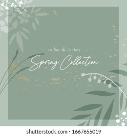 Social media banner template for advertising spring arrivals collection or seasonal sales promotion. trendy hand drawn background textures and floral botanical elements