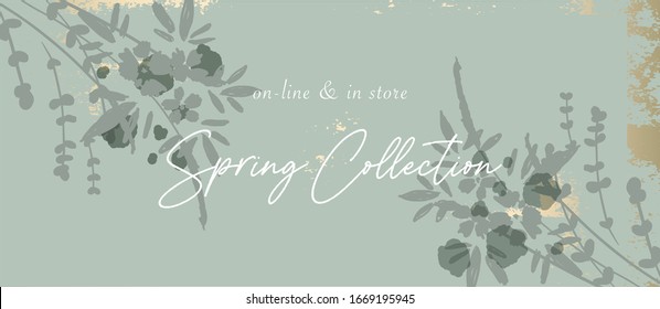 Social media banner template for advertising spring arrivals collection or seasonal sales promotion. trendy hand drawn background textures and floral botanical elements