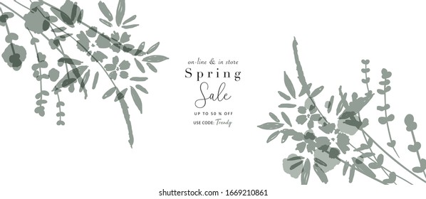 Social media banner template for advertising spring arrivals collection or seasonal sales promotion. trendy hand drawn background textures and floral botanical elements