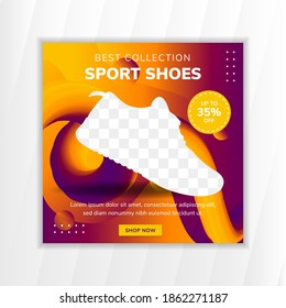 social media banner template design for promotion of  best collection of sport shoes. square layout with space for photo. liquid background with wave element 3d form. yellow purple gradient. 