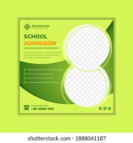 Social media banner template design use headline school admission with square layout. combination soft and dark green colors. double circle shape for photo space. curve style with outline ornament