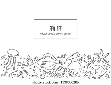 Social media banner template with sea inhabitants  collection. Cute sea  characters in doodle style. Vector color illustration.