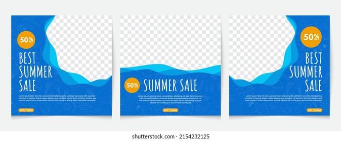 Plantilla de banner de medios sociales para el verano con doodle de fondo azul.  Afiche de descuento con un toque marino.50 por ciento de descuento, plantilla para marketing y diseño publicitario