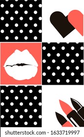 Social media banner template for your blog or buity: kiss, lipstick ,hearts and retro. Cute retro modern design.It's a women card or background Vector set.