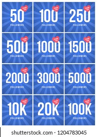 Social media banner with thank you for 50–100K followers. Blue card with Thank you celebrate all subscribers or followers with simple post.