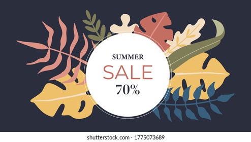 Social media banner, tropical summer sale. Hand drawn trendy modern template. colorful monstera leaves, palms and jungle plants. Vector concept, isolated on dark blue background. 