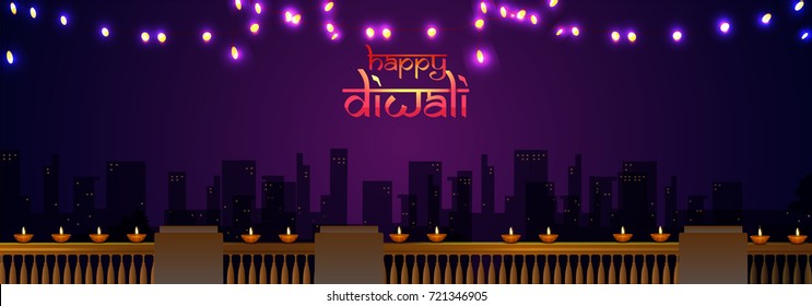 Social media banner with Urban city view and decorated Bunting lights for Diwali.