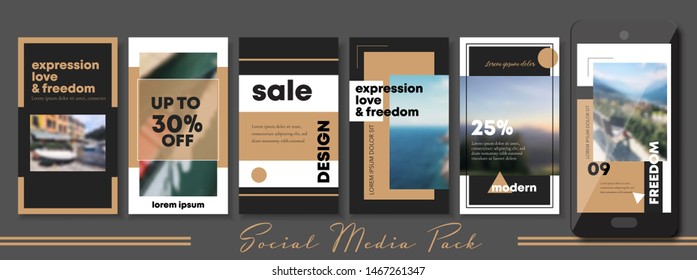 Social media banner. Vector cover. Layout for promotion. Design backgrounds web pack. Mockup for personal gold blog or luxury shop. Set of stories and post frame templates. 