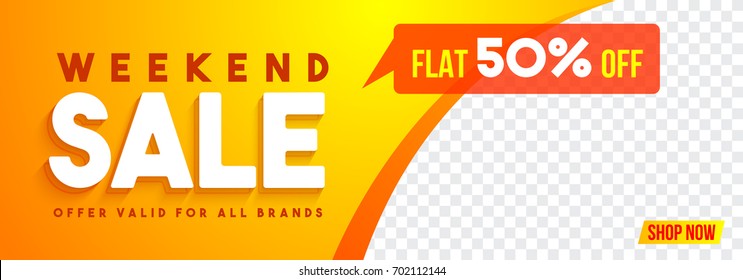 Social Media Banner for Weekend Sale with Flat 50% Discount Offer.