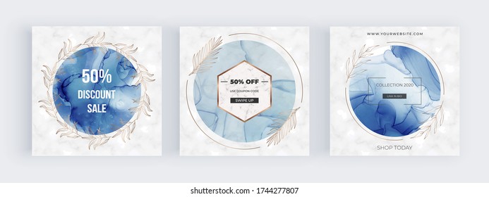 Social media banners with blue circle frames with alcohol ink texture and hand drawn botanical leaves. Modern neutral template for flyer, poster, card
