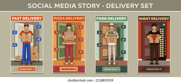 Social media banners delivery set. Courier fast delivery pizza, food, gift order. Collection of modern advertising banner templates. the courier stands on the threshold of the apartment with the order