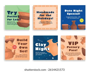 Social media banners introducing pottery and offering pottery workshop specials on holidays and weekends.
