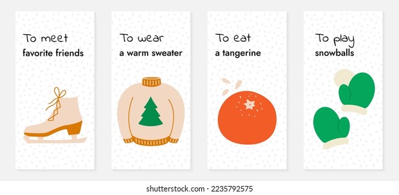 Social media banners on the theme of Christmas, New year. Holiday to-do list. Winter fun. Meet friends on skates. Wear a warm sweater. Eat a tangerine. Play snowballs. Checklist. Vector illustration