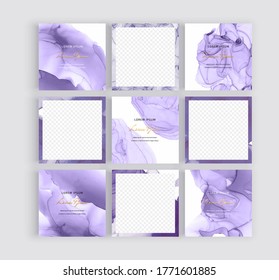 Social media banners with purple alcohol ink texture. Modern neutral template for flyer, poster, card