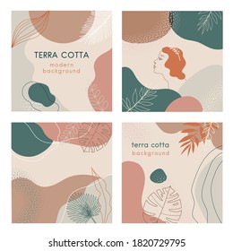 Social media banners set of abstract modern backgrounds with terra cotta pastel color combinations, shapes and tropical palm , monstera leaves, one line women face logo icon. For advertising, branding