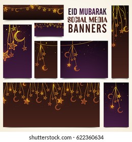 Social Media banners set decorated with hanging crescent moons and stars for Islamic Famous Festival, Eid Mubarak celebration.