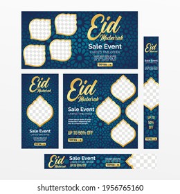Banderas de medios sociales preparadas para Eid Mubarak. Anuncios de medios sociales, cabecera o conjunto de banners de Eid Mubarak Sale, celebración de Eid Mubarak.