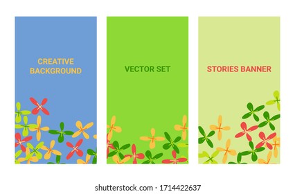 Social media banners set with flowers, floral backgrounds with copy space for text, vector templates. Simple cartoon design.
