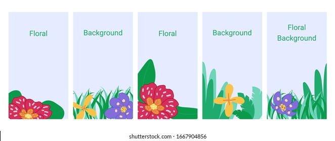 Social media banners set, spring flowers, flat colors, floral backgrounds with copy space for text, vector templates.