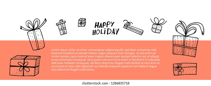 Social media banners template with gift boxes. Collection of holiday presents in doodle style. Vector illustration.