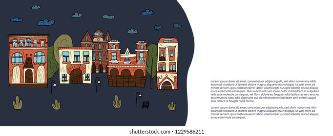 Social media banners template of vector houses, trees and clouds. Night composition in doodle style.