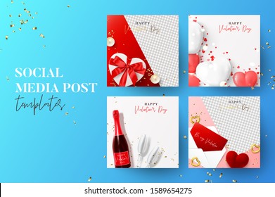 Social Media Banners For Valentine's Day. Vector Illustration With Realistic Holiday Decorative Elements. Set Of Festive Covers, Holiday Gift Cards, Social Media Posts, Promotion Banners.