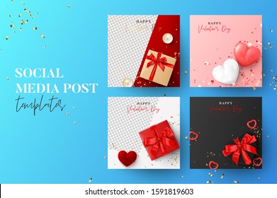 Social media banners for Valentine's Day. Vector illustration with realistic holiday decorative elements. Set of festive covers, holiday gift cards, social media posts, promotion banners.