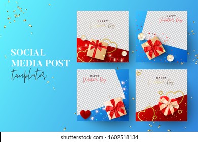 Social media banners for Valentine's Day. Vector illustration with realistic holiday decorative elements. Set of festive covers, holiday gift cards, social media posts, promotion banners.
