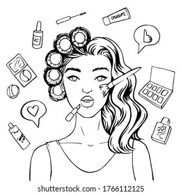 Social media beauty guru influencer or make-up artist blogger concept illustration in pop art retro comic style, black and white line art