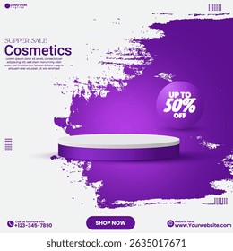Vetor de design de cartaz de venda de produtos de beleza de mídia social com cor roxa e etiqueta de desconto. Banner promocional roxo e branco de cosméticos com design de pódio moderno cilindro 3D. Cartaz de produto de beleza. 