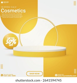 Social media beauty product sale empty abstract podium background design. Modern Yellow Sale Banner with Podium Stage and Promotional Text Layout. Product Display Platform with 50% Off Badge. 