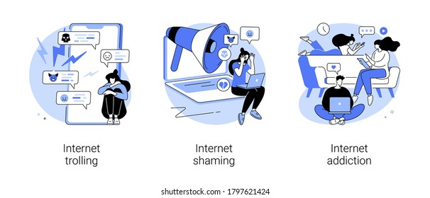 Social media behavior abstract concept vector illustration set. Internet trolling and shaming, internet addiction, digital harassment, stalking and bullying, emotional message abstract metaphor.