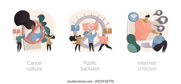 Social Media Behavior Abstract Concept Vector Illustration Set. Cancel Culture, Public Backlash, Internet Criticism, Group Shaming, Boycott, Hate Speech, Bias And Discrimination Abstract Metaphor.