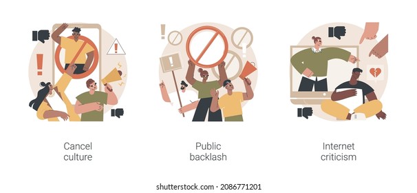 Social media behavior abstract concept vector illustration set. Cancel culture, public backlash, Internet criticism, group shaming, boycott, hate speech, bias and discrimination abstract metaphor.