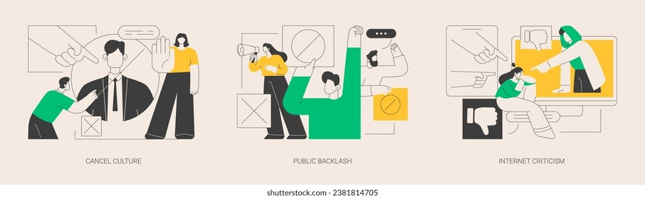 Social media behavior abstract concept vector illustration set. Cancel culture, public backlash, Internet criticism, group shaming, boycott, hate speech, bias and discrimination abstract metaphor.