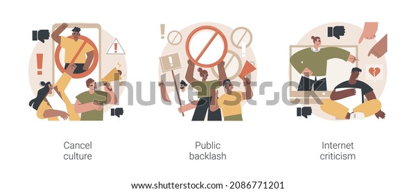 Social media behavior abstract concept vector
illustration set. Cancel culture, public backlash, Internet
criticism, group shaming, boycott, hate speech, bias and
discrimination abstract
metaphor.