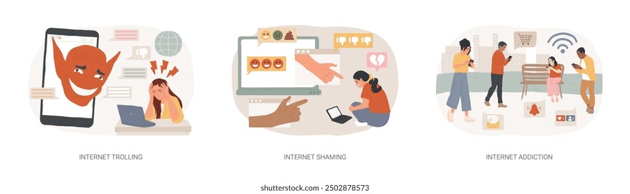 Social media behavior isolated concept vector illustration set. Internet trolling and shaming, internet addiction, digital harassment, stalking and bullying, emotional message vector concept.