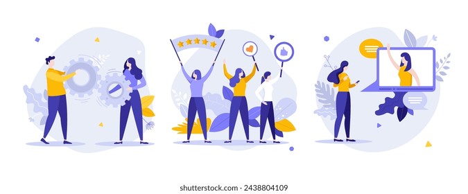 Social media benefits flat concept vector illustrations set. Network setup, user reactions online and video chat cartoon composition. Communication creative idea for website, presentation